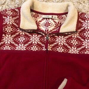 L.L. Bean Women's Red Fleece Jacket With White Fair Isle Pattern Size L